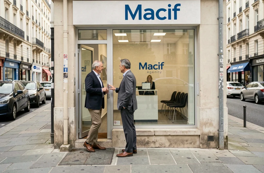 Couple entrant dans une agence Macif pour déclarer un sinistre et contacter le service client en personne