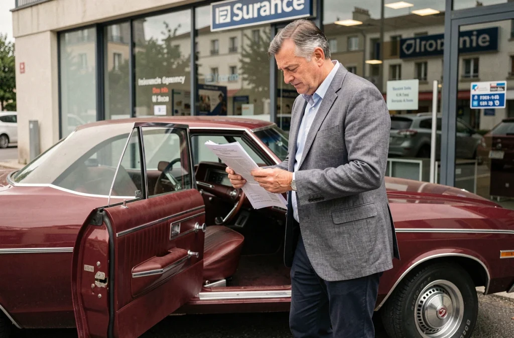 Propriétaire français consultant des documents d'assurance à côté d'une Chevrolet Impala 1967 rouge bordeaux à 4 portes