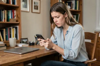 Jeune femme anxieuse vérifiant son smartphone en attendant les résultats de son examen du permis de conduire