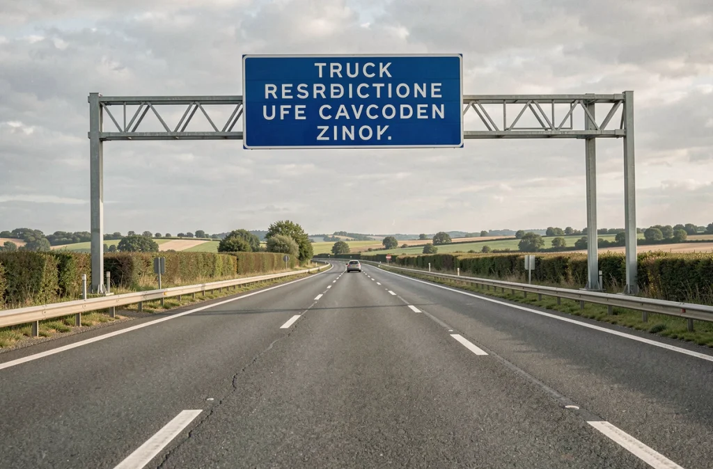 Autoroute française quasiment vide un dimanche avec panneau d'interdiction de circulation pour les poids lourds en 2026