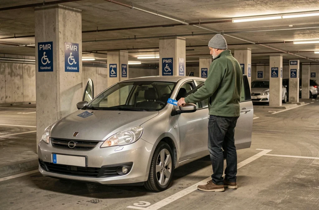 Homme en situation de handicap accrochant sa carte de stationnement PMR dans un parking couvert à Colmar