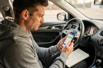 Homme calculant le coût d'essence d'un trajet avec une application sur smartphone dans l'habitacle d'une voiture