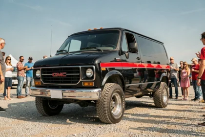Camion van noir GMC A-Team exposé lors d'un salon automobile en France avec visiteurs
