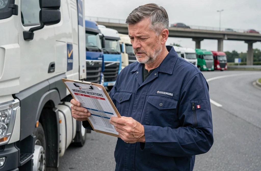 Chauffeur routier consultant le calendrier des interdictions de circulation poids lourd le week-end 2026