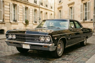 Chevrolet Impala 1967 4 portes noire garée dans une rue française pavée avec architecture provinciale en arrière-plan