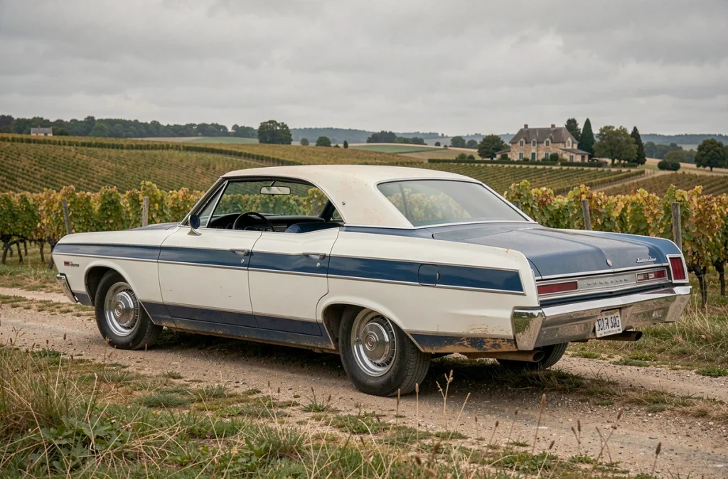 Chevrolet Impala 1967 bicolore blanc et bleu photographiée de trois-quarts arrière dans un paysage de vignobles français