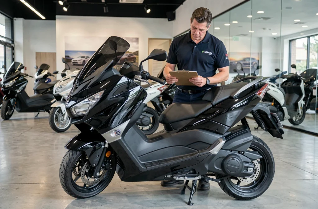 Concessionnaire Yamaha inspectant un TMAX d'occasion dans une concession moderne pour estimer sa valeur de reprise