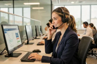 Conseillère téléphonique Macif traitant un dossier sinistre depuis un centre d'appels professionnel