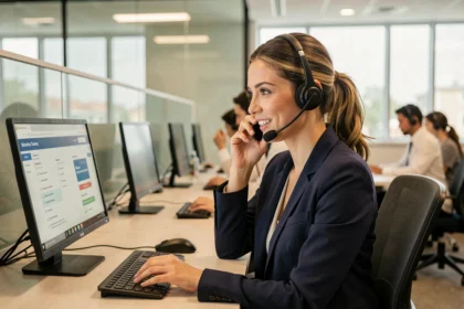 Conseillère téléphonique Macif traitant un dossier sinistre depuis un centre d'appels professionnel