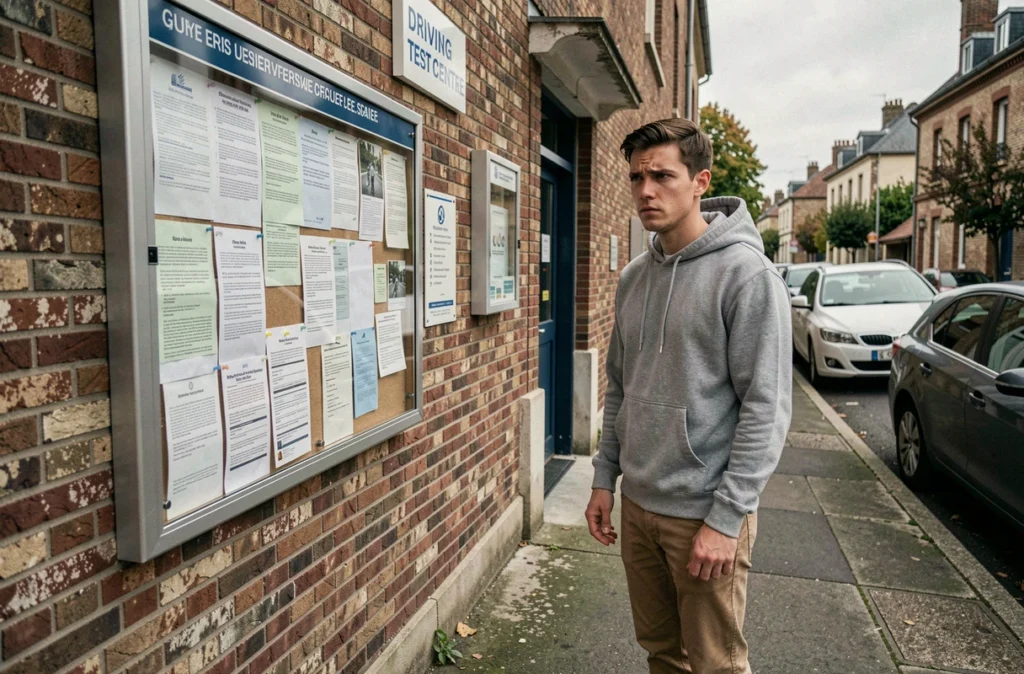 Jeune homme consultant le tableau d'affichage des résultats devant un centre d'examen du permis de conduire