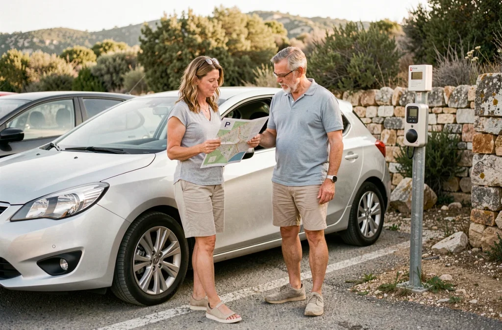 Couple consultant une carte de stationnement près d'un parking ombragé aux Baux-de-Provence en tenue estivale