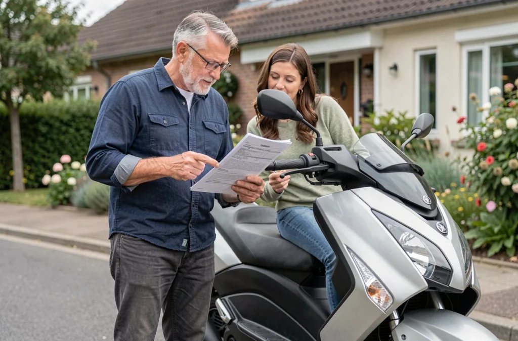 Couple examinant les documents de vente de leur ancien TMAX devant leur domicile avant de financer l'achat du nouveau modèle 2026