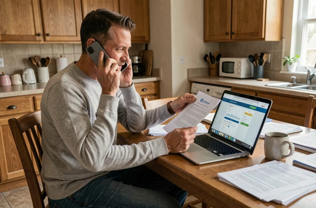 Particulier déclarant un sinistre Macif en ligne depuis son domicile avec documents et ordinateur portable
