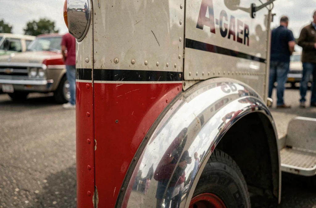 Détail de la bande rouge et de la carrosserie du van de l'Agence Tous Risques exposé en France