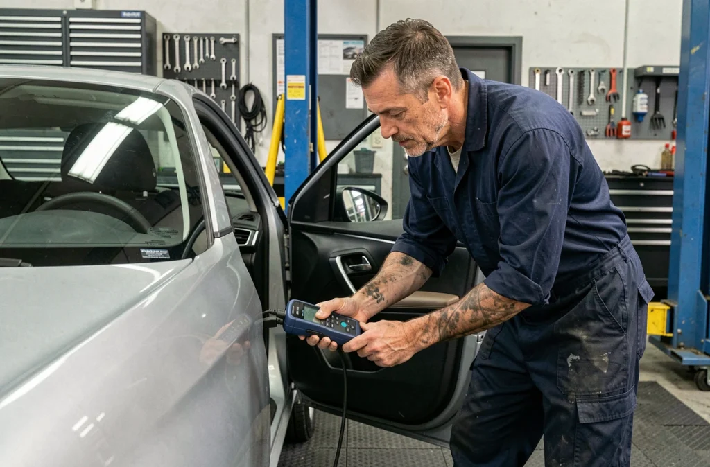 Technicien automobile branchant un outil de diagnostic OBD sur une Peugeot 208 dans un garage