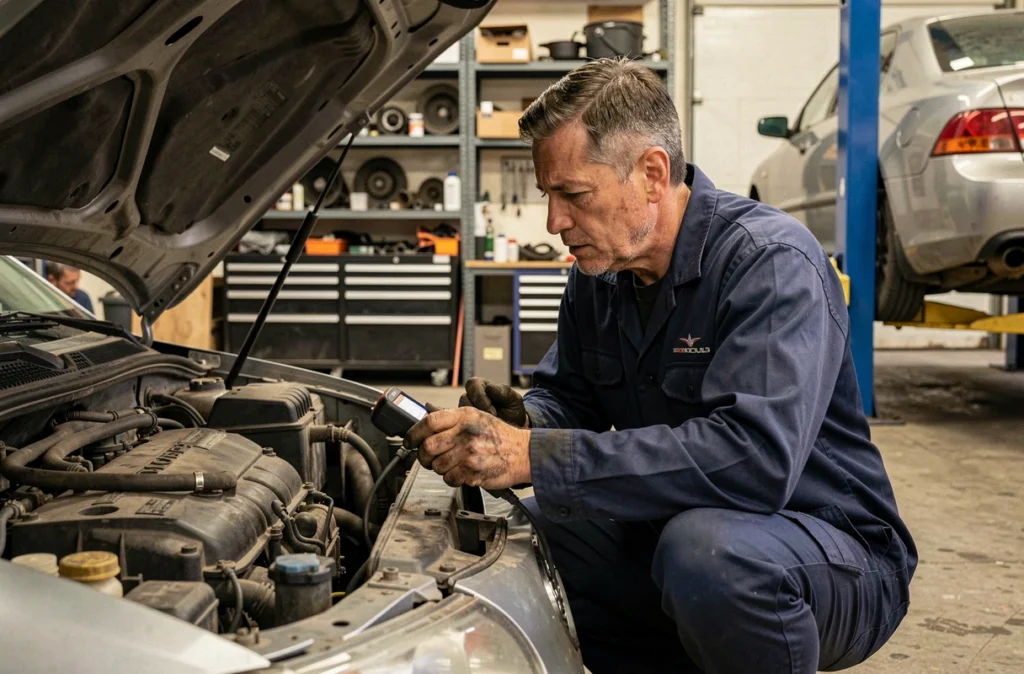 Mécanicien inspectant le moteur d'une Pontiac Aztek dans un garage indépendant, outil de diagnostic en main, illustrant l'entretien et les coûts de réparation