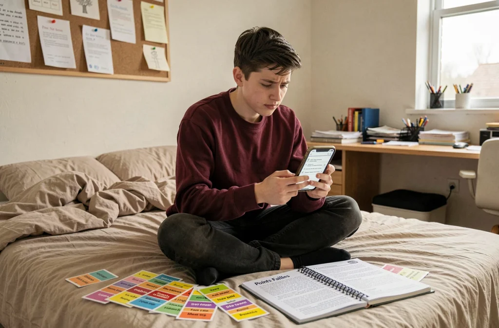 Étudiant entouré de fiches imprimées révisant ses points faibles pour le permis de conduire dans sa chambre