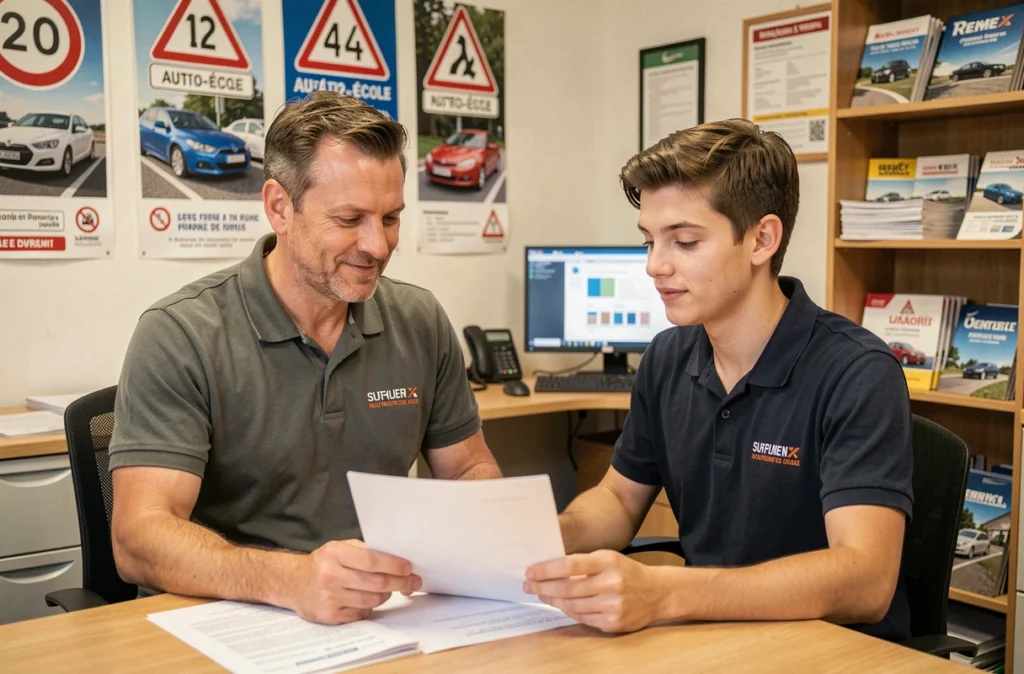 Moniteur d'auto-école expliquant les résultats du permis de conduire à un candidat dans une auto-école
