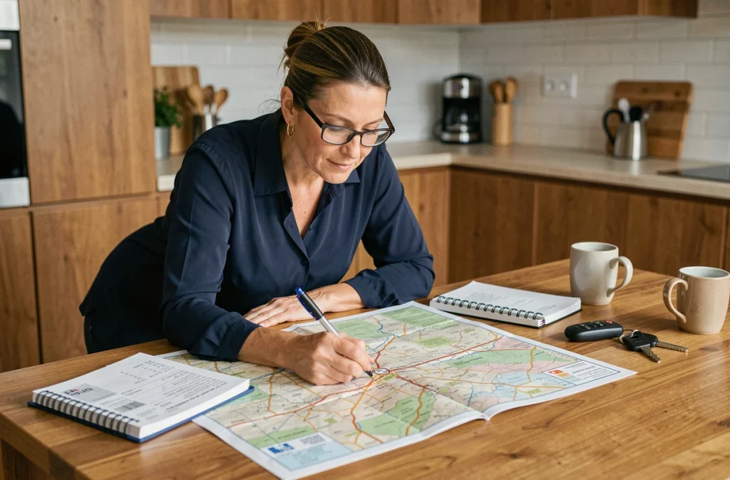 Femme calculant les frais d'essence d'un trajet routier avec une carte et un carnet de notes dans une cuisine