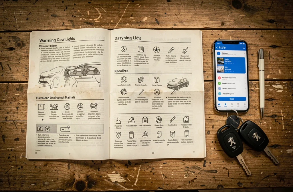 Manuel du propriétaire de la Peugeot 208 ouvert sur la page des voyants du tableau de bord avec smartphone et clés de voiture
