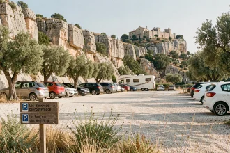Parking en gravier au pied des Baux-de-Provence avec vue sur le village médiéval perché sur la falaise calcaire