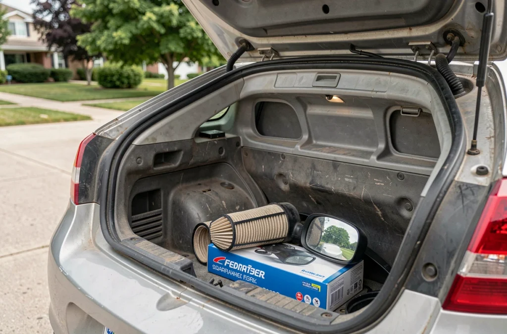 Coffre ouvert d'une Pontiac Aztek avec des pièces de rechange automobiles, illustrant le budget pièces détachées et accessoires pour ce modèle en 2026