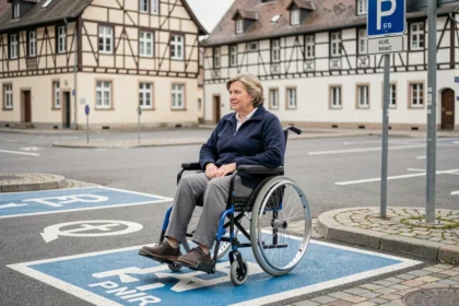 Femme en fauteuil roulant stationnant sur une place PMR balisée dans un parking du centre-ville de Colmar