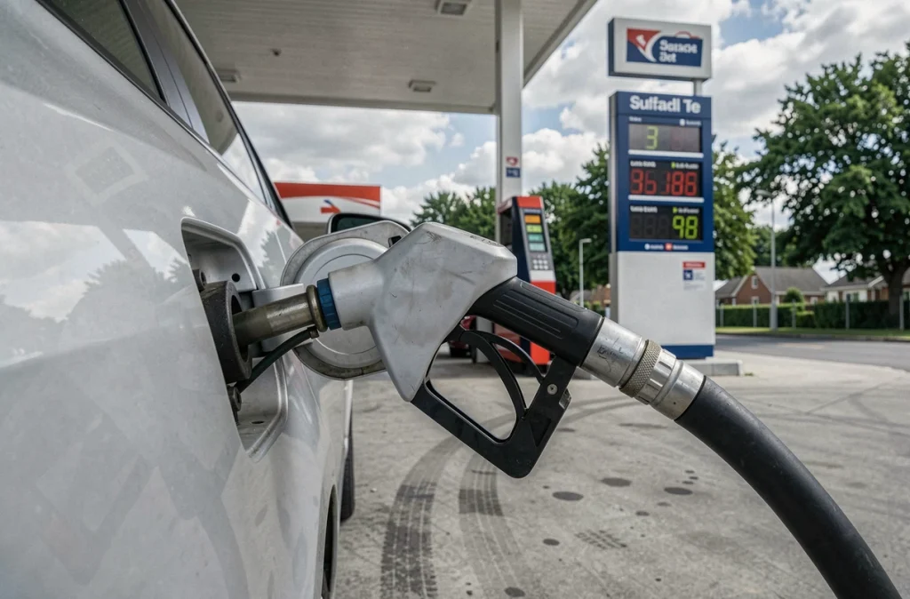 Pistolet de pompe à essence inséré dans un véhicule avec affichage du prix du carburant visible en station-service