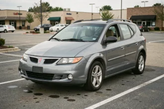 Pontiac Aztek gris métallisé garé dans un parking de concessionnaire automobile, vue trois-quarts avant montrant le design angulaire caractéristique