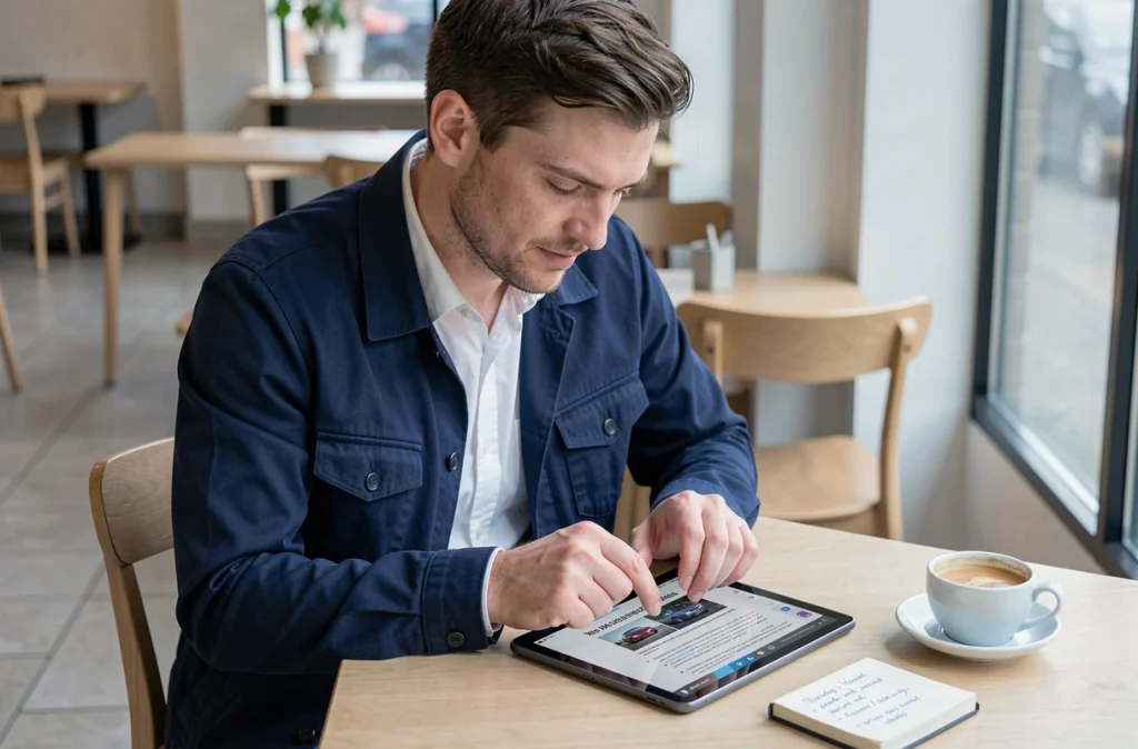 Homme consultant un quiz de permis de conduire personnalisé en PDF sur une tablette dans un café