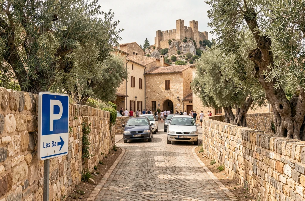 Panneau de signalisation de parking sur un mur en pierre à l'entrée du village des Baux-de-Provence avec voitures de touristes