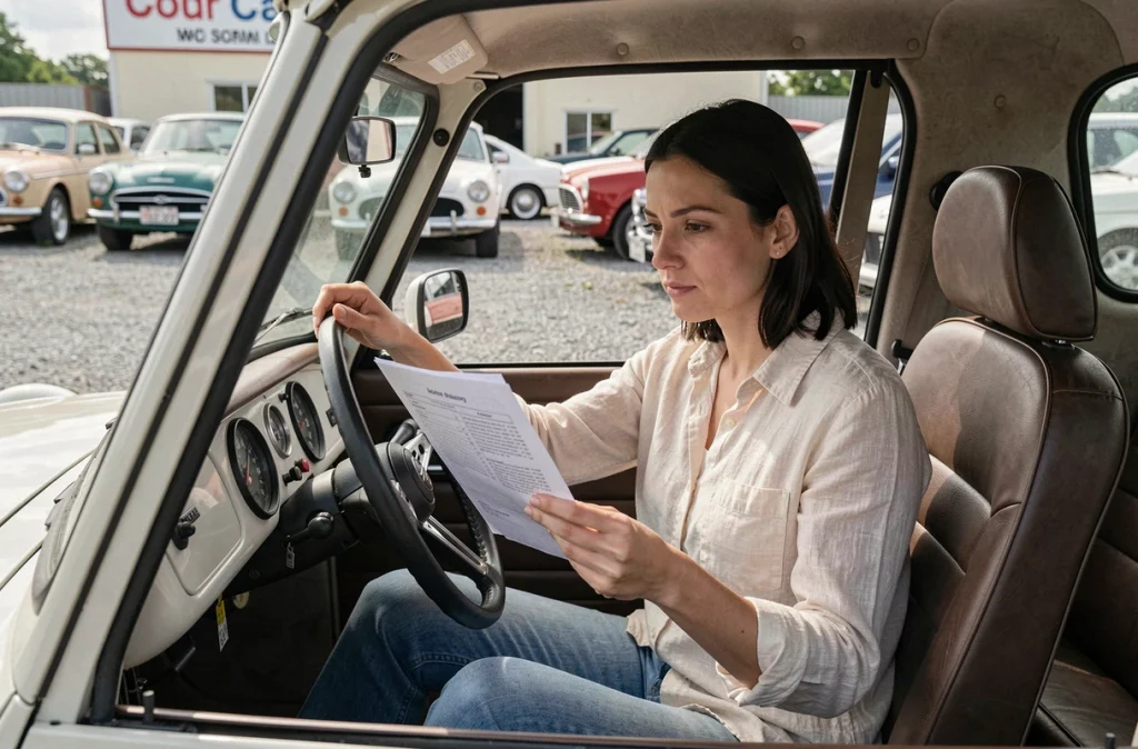 Femme vérifiant les documents d'historique d'une Mini Moke d'occasion assise dans l'habitacle lors d'une inspection avant achat