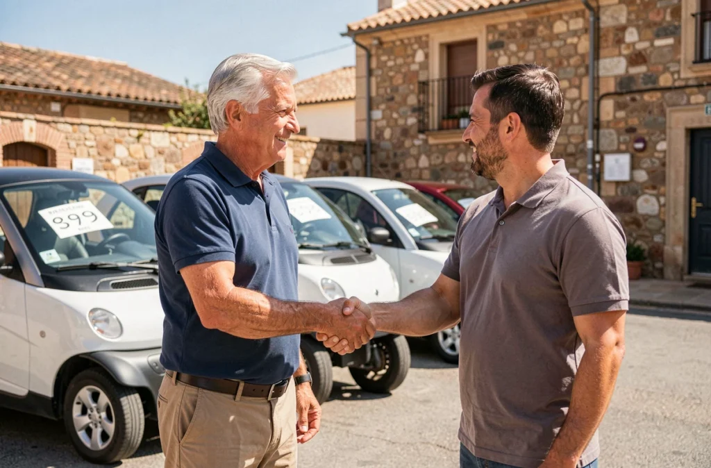 Un senior et un vendeur concluent l'achat d'une voiture sans permis d'occasion dans un concessionnaire du département 66