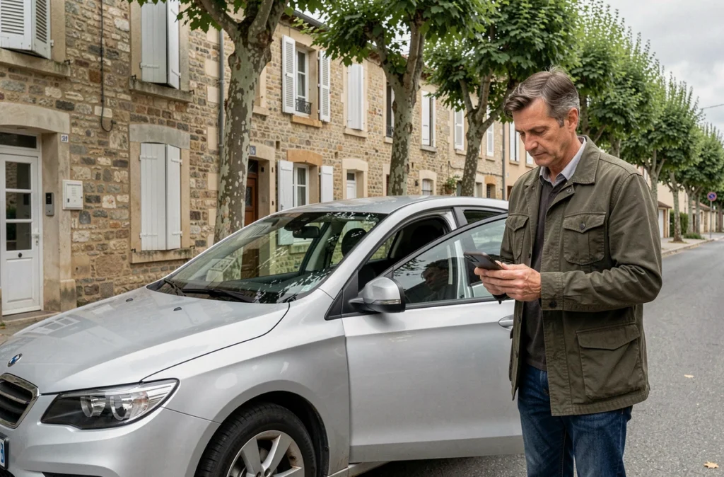 Homme consultant une application de comparaison d'assurance auto à côté de sa voiture dans une rue de Bourg-en-Bresse