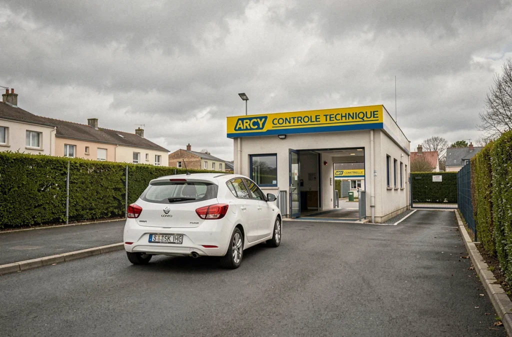 Entrée du centre Arcy Contrôle Technique avec une voiture blanche s'engageant dans la voie d'inspection