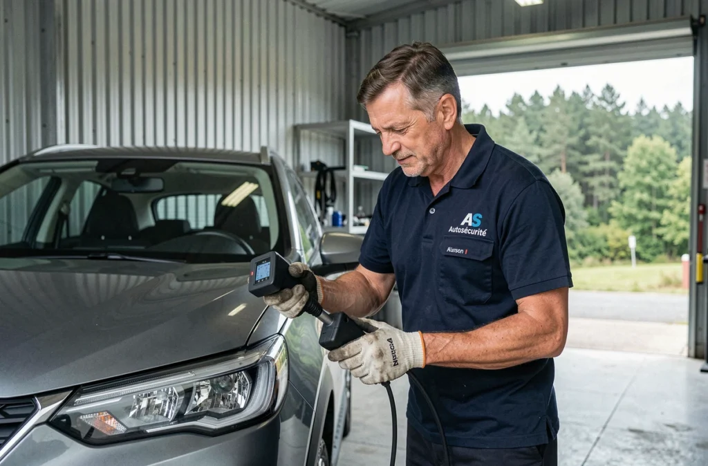 Technicien AS Autosécurité calibrant les phares d'un SUV au centre de contrôle technique d'Hirson
