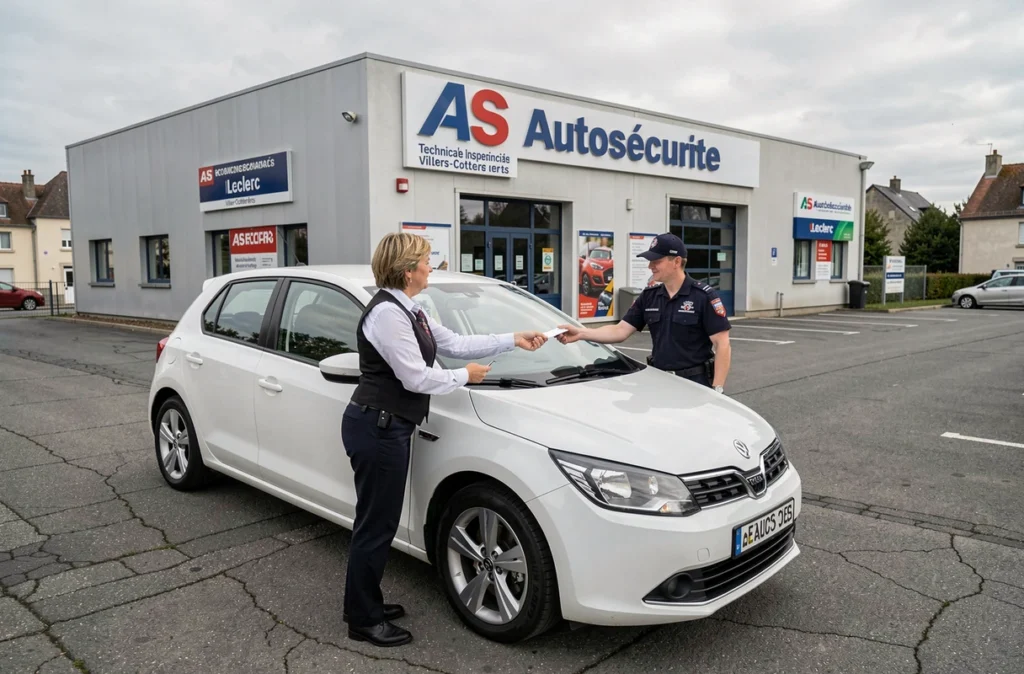 Remise d'un véhicule à un inspecteur devant le centre AS Autosécurité de Villers-Cotterêts en zone commerciale Leclerc