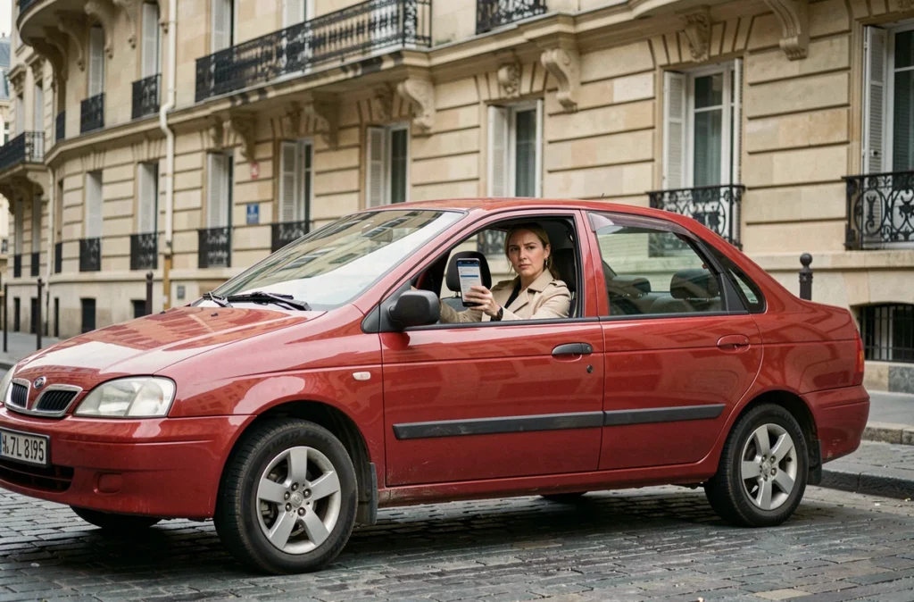 Femme consultant une application d'assurance sur smartphone assise dans une LADA 2107 rouge dans une rue parisienne