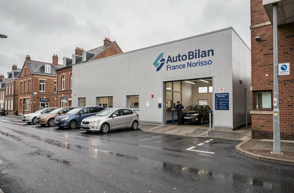 Façade du centre Auto Bilan France Norisko à Arras avec des véhicules en attente d'inspection