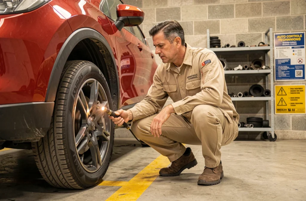 Technicien d'Auto Contrôle Technique Achérois inspectant les freins et pneus d'un SUV rouge