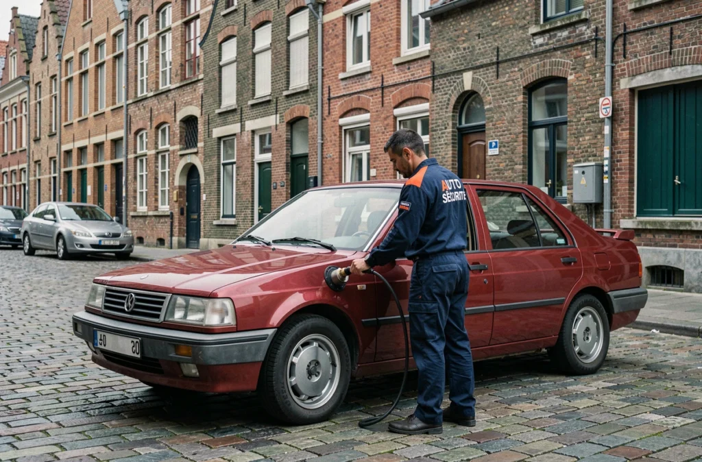 Technicien Auto Sécurité effectuant un contrôle des émissions sur un véhicule devant les façades flamandes du Vieux-Lille