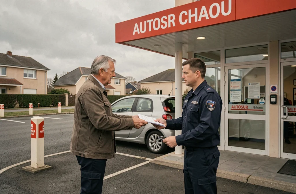 Client remettant ses documents de véhicule à un technicien AUTOSUR Chatou sous le auvent d'accueil
