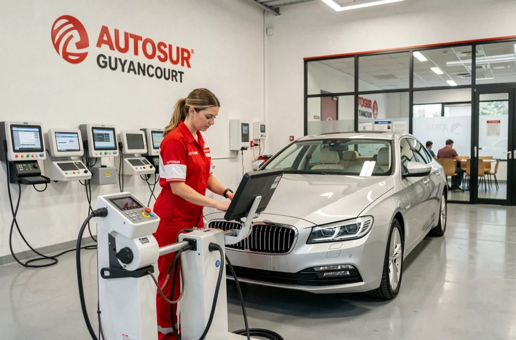 Technicienne AUTOSUR Guyancourt réglant un appareil de contrôle des phares face à une berline argentée