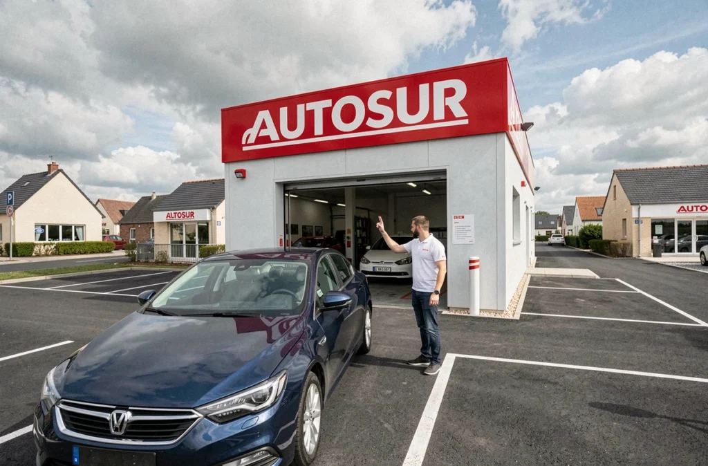 Centre AUTOSUR Orgeval avec technicien guidant une berline bleue dans la voie de contrôle technique
