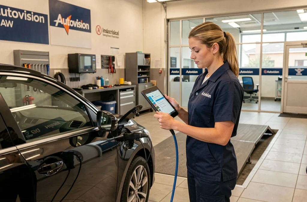 Technicienne Autovision CAW effectuant un diagnostic électronique OBD sur un véhicule au centre de Bailleul