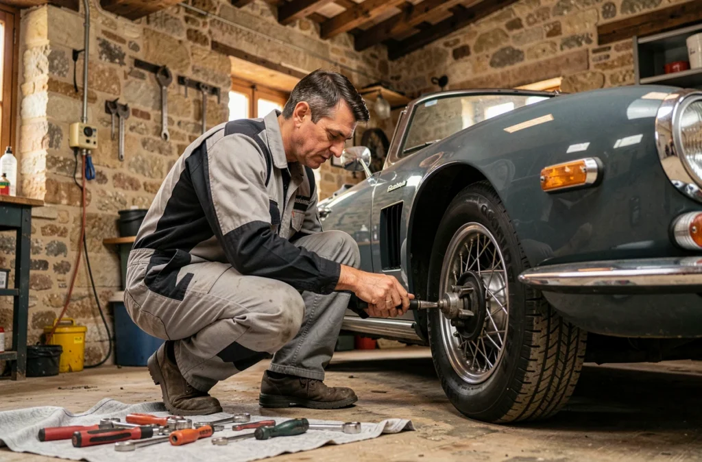 Mécanicien de Boyer Méca Cars à Sommières inspectant la suspension d'un cabriolet sportif vintage