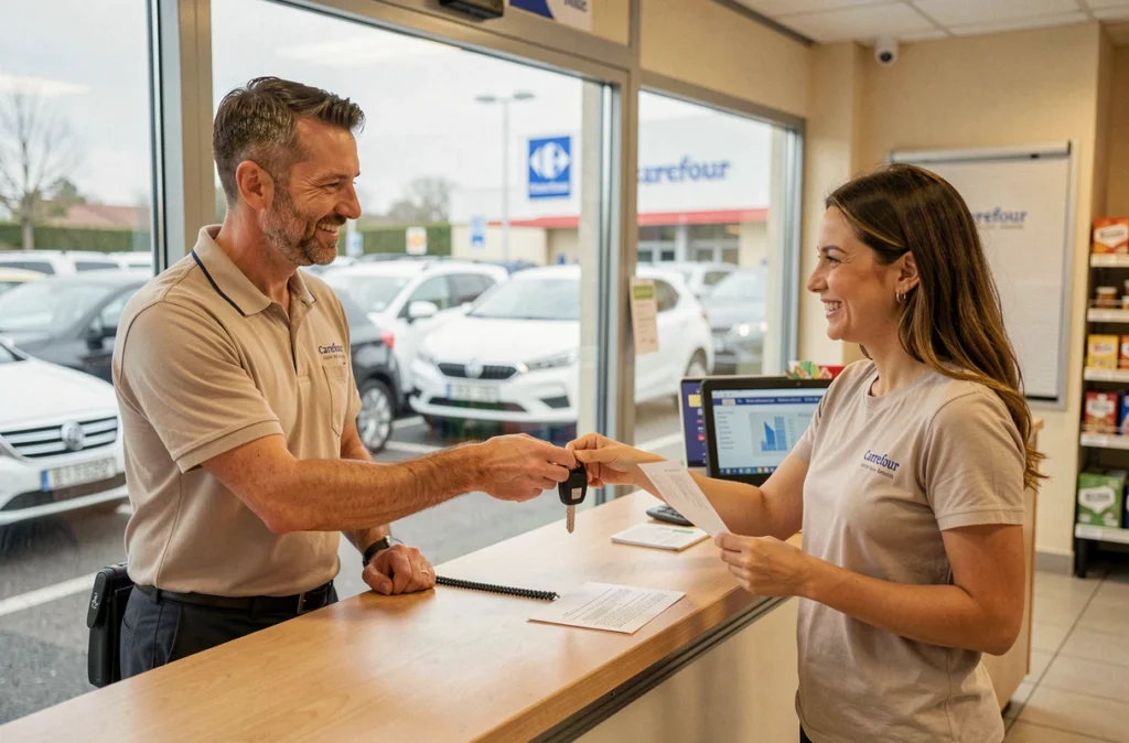 Service Carrefour Location à Alès avec un agent remettant les clés à une cliente satisfaite