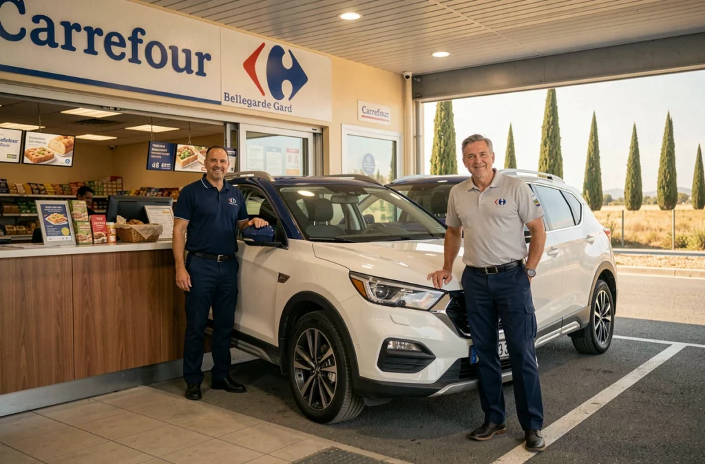 Agence Carrefour Location à Bellegarde dans le Gard avec un agent et un SUV familial disponible à la location