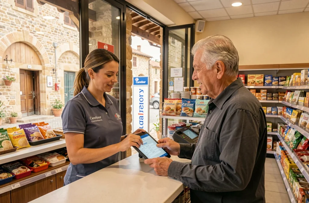 Comptoir Carrefour Location à Uzès avec une agente traitant une réservation pour un client