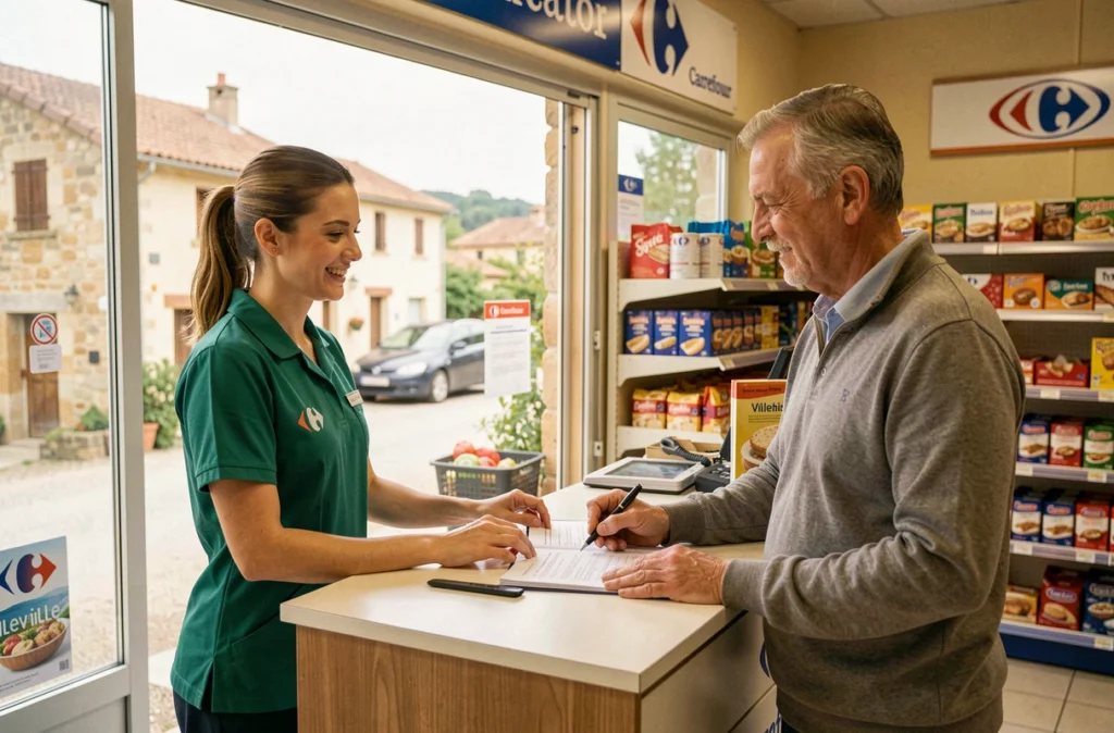 Service Carrefour Location à Villevieille avec une agente aidant un client local pour la location d'un véhicule